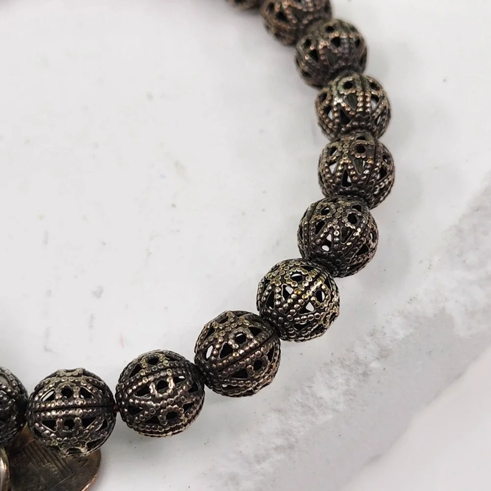Alex & Ani Vintage Sixty-Six Bronze Tone Filigree Bead Bracelet Coin Charm Boho